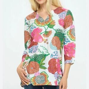 Dolma Garden Print Tunic Size M Cotton Lightweight Bold Bright Wood-Block Print